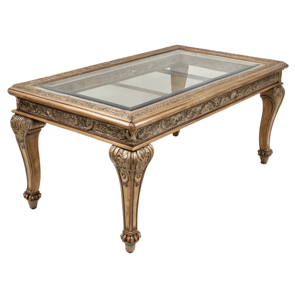 Vintage coffee table with glass top and ornate legs