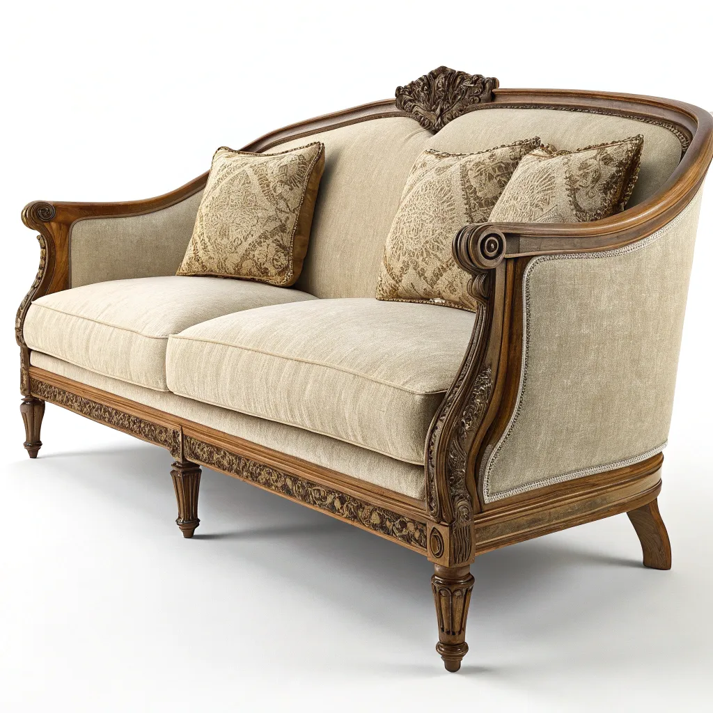 Vintage Sofa with wooden frame and plush cushions